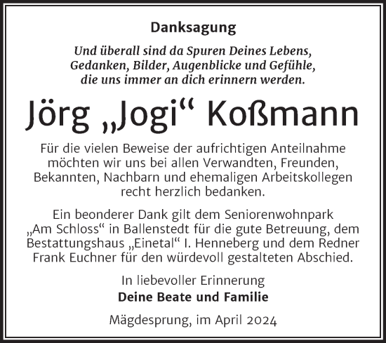 Traueranzeige von Jörg Koßmann von Super Sonntag Quedlingburg