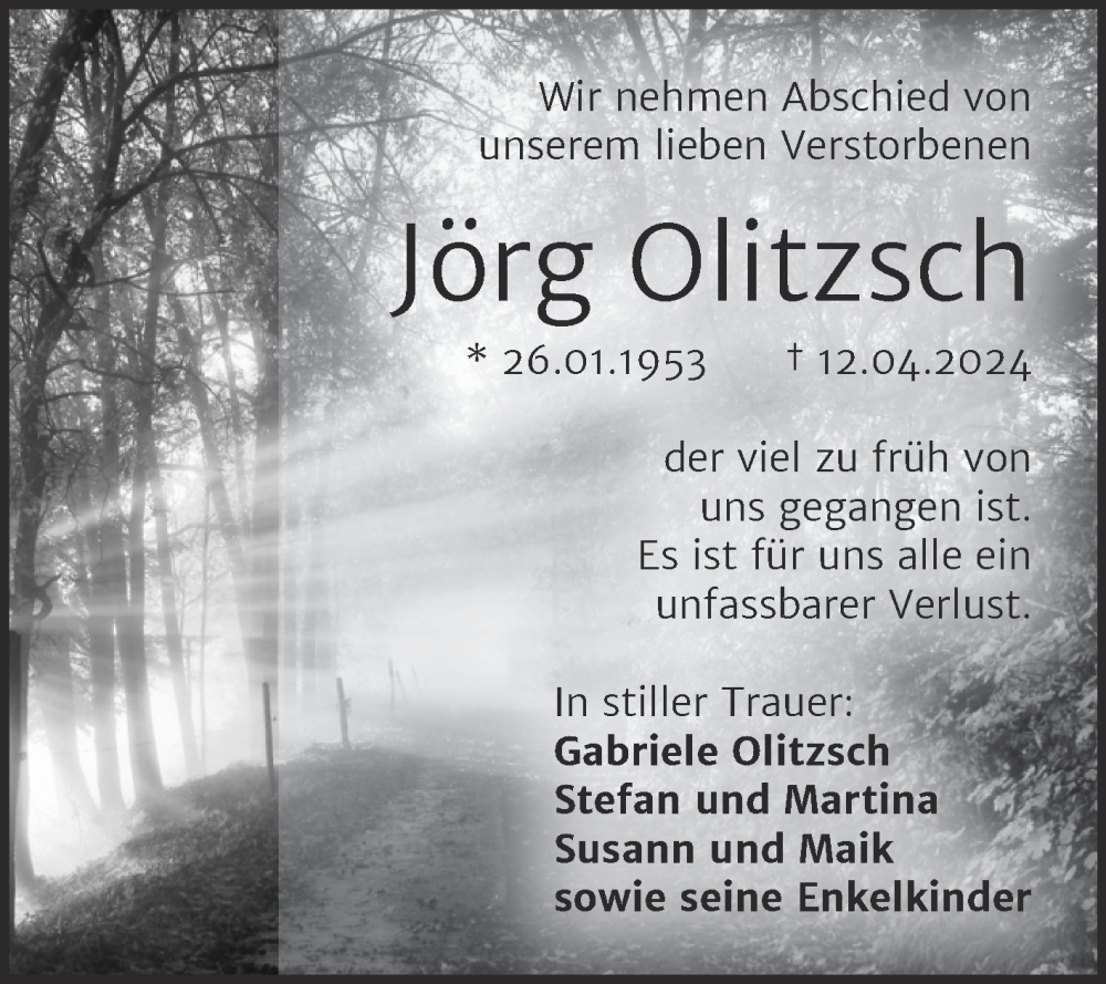  Traueranzeige für Jörg Olitzsch vom 20.04.2024 aus Volksstimme Zerbst