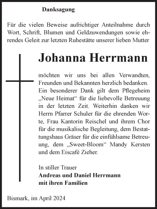 Traueranzeige von Johanna Herrmann von Volksstimme Altmark Ost