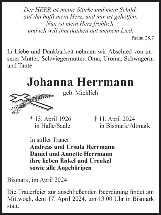 Traueranzeige von Johanna Herrmann von Volksstimme Altmark Ost