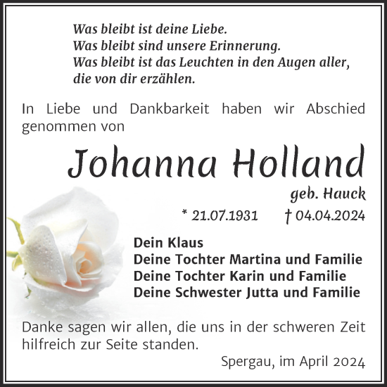 Traueranzeige von Johanna Holland von Trauerkombi Merseburg