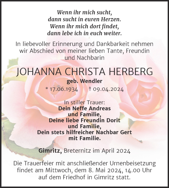 Traueranzeige von Johanna Christa Herberg von Mitteldeutsche Zeitung Halle/Saalkreis