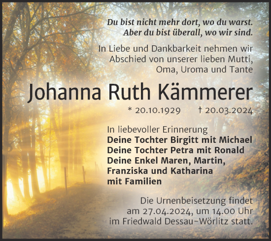 Traueranzeige von Johanna Ruth Kämmerer von Trauerkombi Bitterfeld