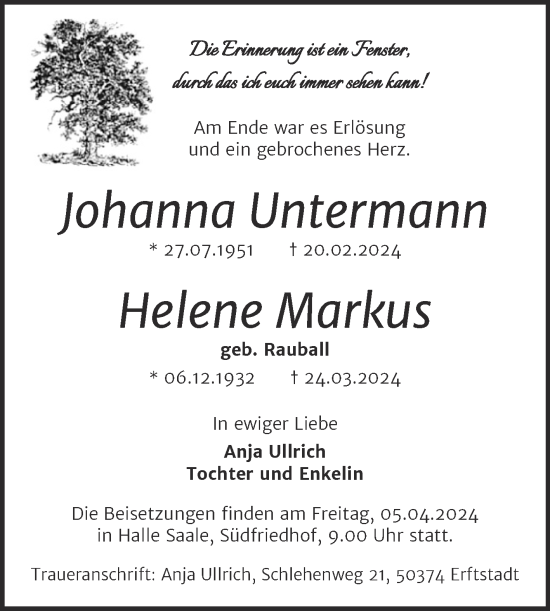 Traueranzeige von Johanna und Helene  von Mitteldeutsche Zeitung Halle/Saalkreis
