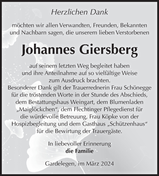 Traueranzeige von Johannes Giersberg von Volksstimme Altmark West