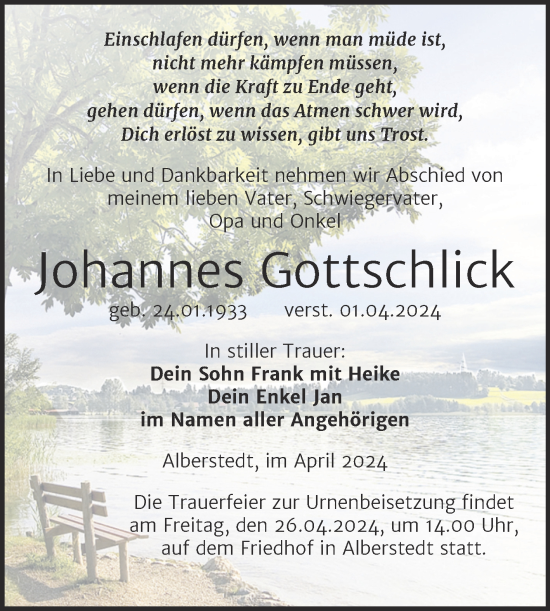 Traueranzeige von Johannes Gottschlick von Trauerkombi Merseburg