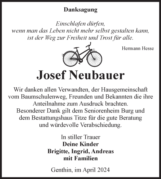 Traueranzeige von Josef Neubauer von Volksstimme Burg/Genthin