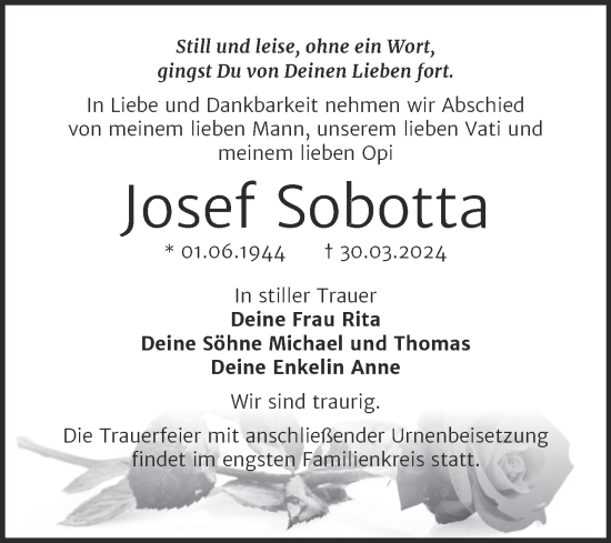 Traueranzeige von Josef Sobotta von Trauerkombi Quedlinburg