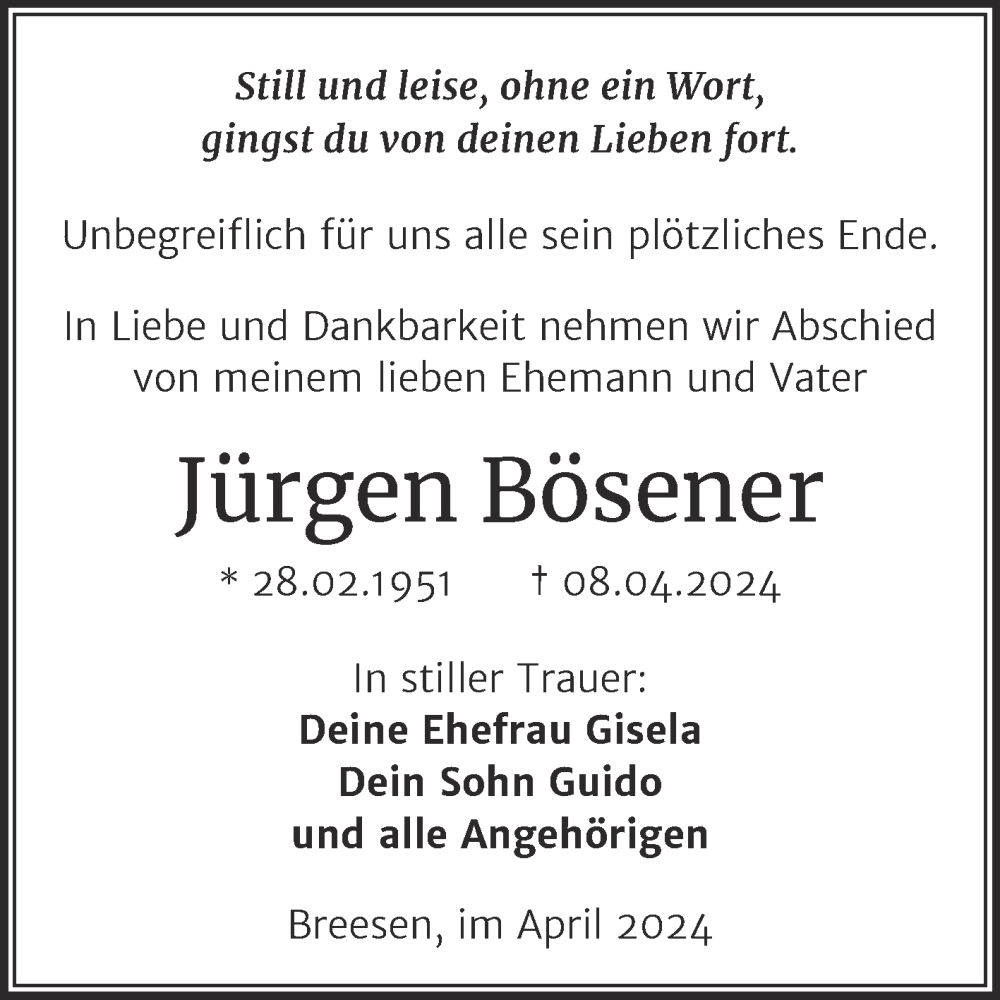  Traueranzeige für Jürgen Bösener vom 24.04.2024 aus Trauerkombi Köthen
