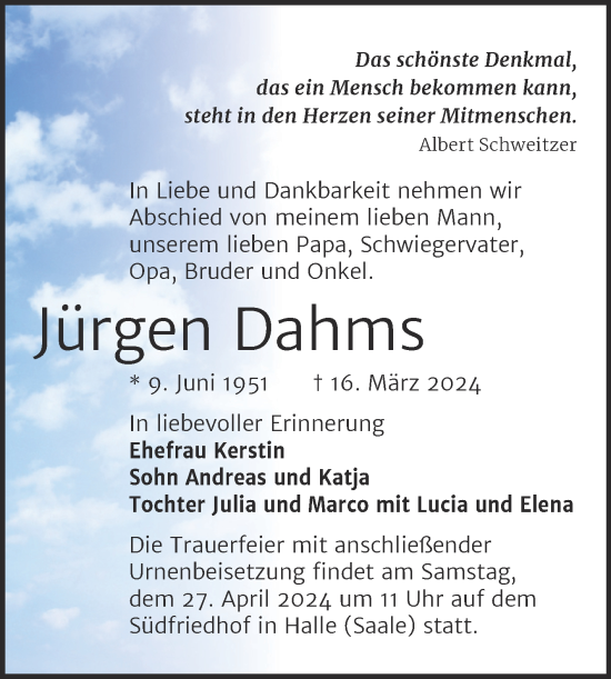 Traueranzeige von Jürgen Dahms von Mitteldeutsche Zeitung Halle/Saalkreis