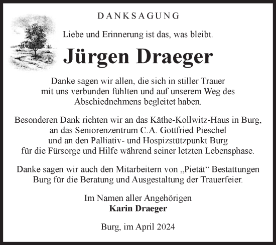 Traueranzeige von Jürgen Draeger von Volksstimme Burg/Genthin