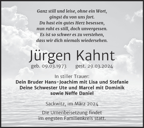 Traueranzeige von Jürgen Kahnt von Trauerkombi Wittenberg