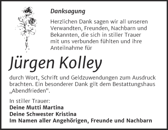 Traueranzeige von Jürgen Kolley von Trauerkombi Merseburg