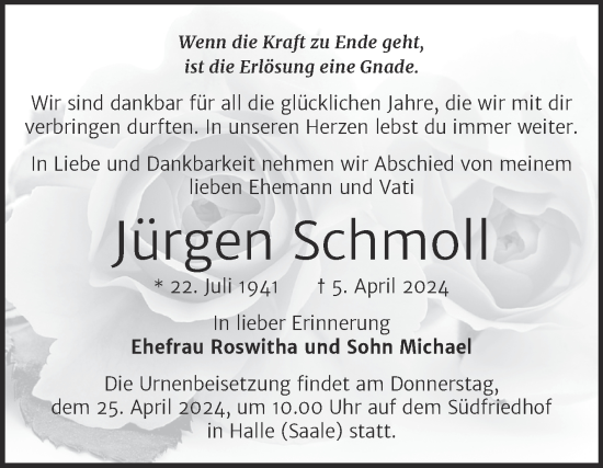 Traueranzeige von Jürgen Schmoll von Mitteldeutsche Zeitung Halle/Saalkreis