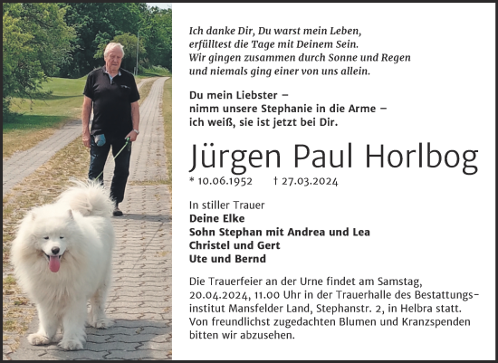 Traueranzeige von Jürgen Paul Horlbog von Trauerkombi Mansfelder Land