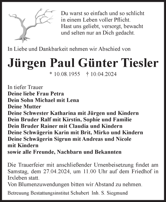 Traueranzeige von Jürgen Paul Günter Tiesler von Volksstimme Haldensleben/Wolmirstedt