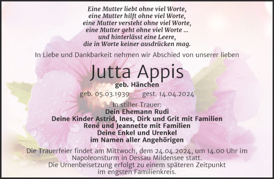 Traueranzeige von Jutta Appis von Trauerkombi Bitterfeld