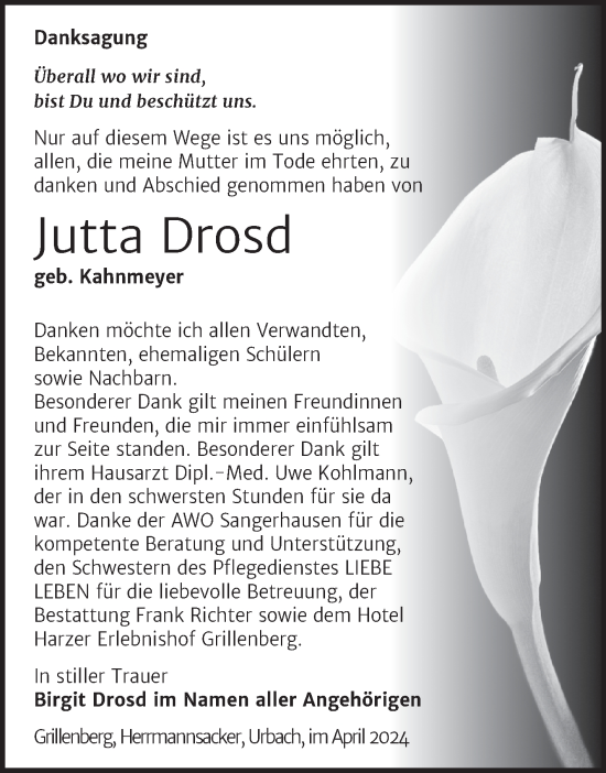 Traueranzeige von Jutta Drosd von Trauerkombi Sangerhausen
