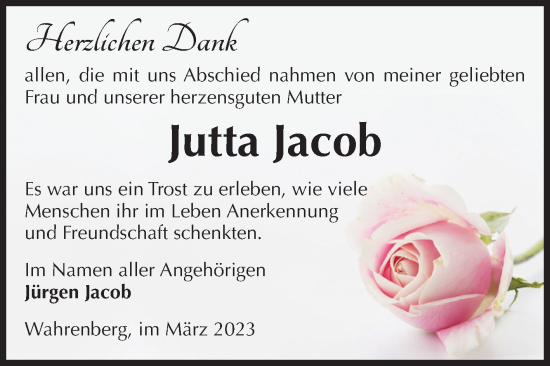 Traueranzeige von Jutta Jacob von Volksstimme Altmark Ost