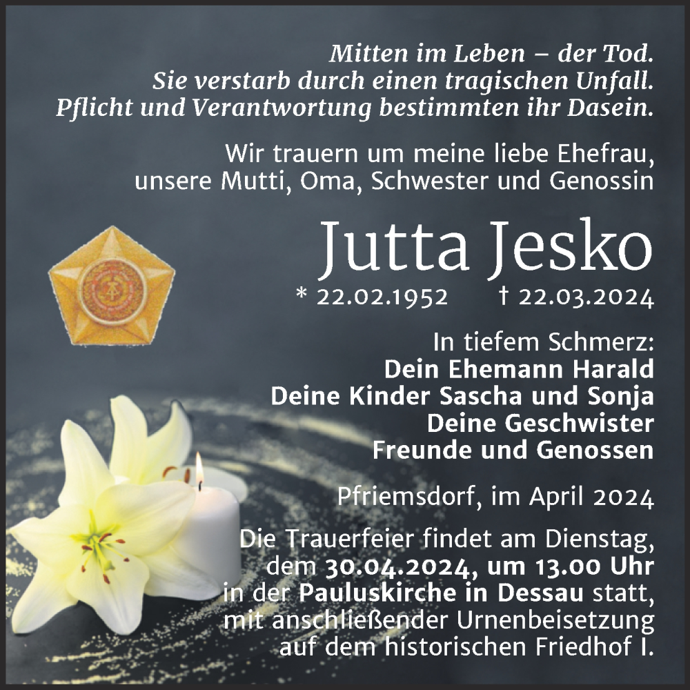  Traueranzeige für Jutta Jesko vom 12.04.2024 aus Trauerkombi Köthen