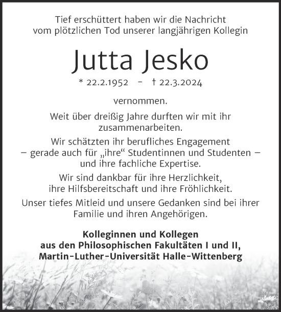 Traueranzeige von Jutta Jesko von Mitteldeutsche Zeitung Halle/Saalkreis