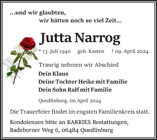 Traueranzeige von Jutta Narrog von Trauerkombi Quedlinburg