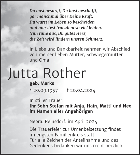 Traueranzeige von Jutta Rother von Naumburger Tageblatt