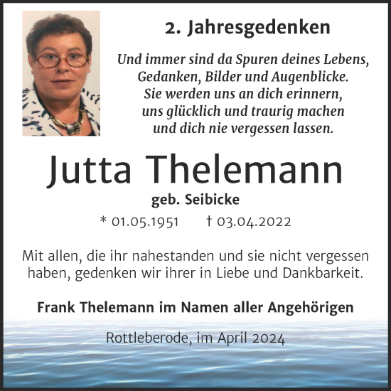 Traueranzeige von Jutta Thelemann von Trauerkombi Sangerhausen