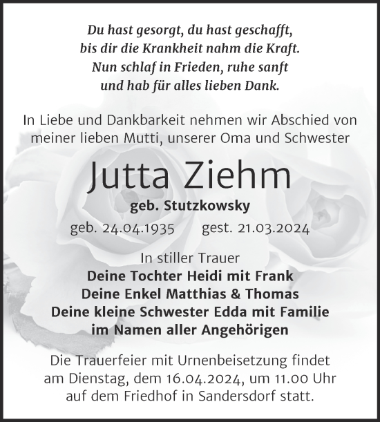Traueranzeige von Jutta Ziehm von Trauerkombi Bitterfeld
