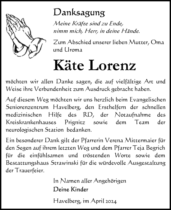 Traueranzeige von Käte Lorenz von Volksstimme Altmark Ost