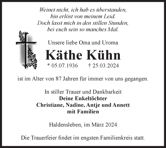 Traueranzeige von Käthe Kühn von Volksstimme Haldensleben/Wolmirstedt