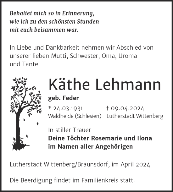 Traueranzeige von Käthe Lehmann von Trauerkombi Wittenberg
