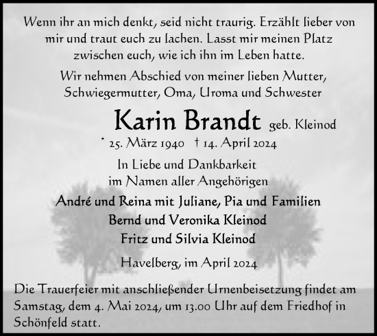 Traueranzeige von Karin Brandt von Volksstimme Altmark Ost