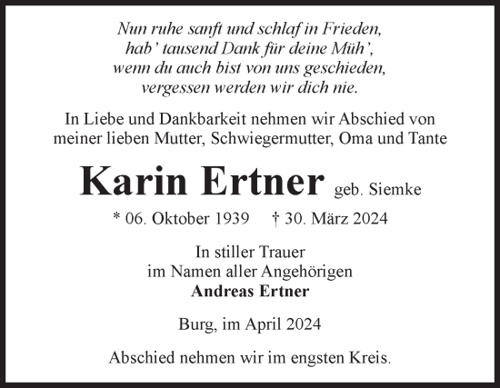 Traueranzeige von Karin Ertner von Volksstimme Burg/Genthin