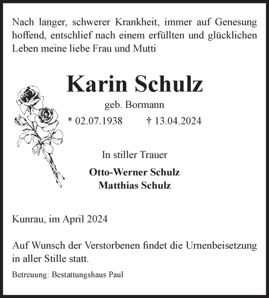 Traueranzeige von Karin Schulz von Volksstimme Altmark West