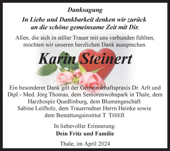 Traueranzeige von Karin Steinert von Trauerkombi Quedlinburg