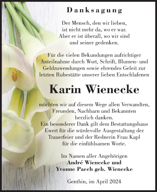 Traueranzeige von Karin Wienecke von Volksstimme Burg/Genthin