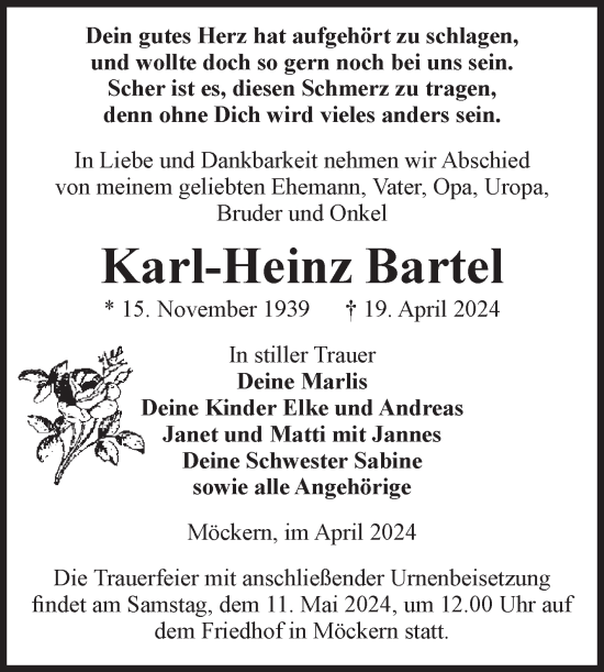 Traueranzeige von Karl-Heinz Bartel von Volksstimme Burg/Genthin