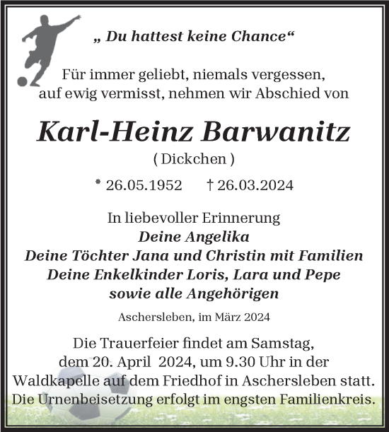 Traueranzeige von Karl-Heinz Barwanitz von Trauerkombi Aschersleben