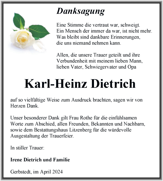 Traueranzeige von Karl-Heinz Dietrich von Trauerkombi Mansfelder Land
