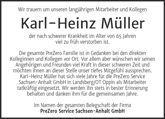 Traueranzeige von Karl-Heinz Müller von Mitteldeutsche Zeitung Halle/Saalkreis