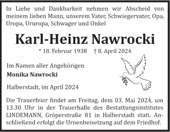 Traueranzeige von Karl-Heinz Nawrocki von Volksstimme Halberstadt