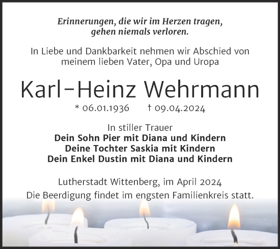 Traueranzeige von Karl-Heinz Wehrmann von Trauerkombi Wittenberg