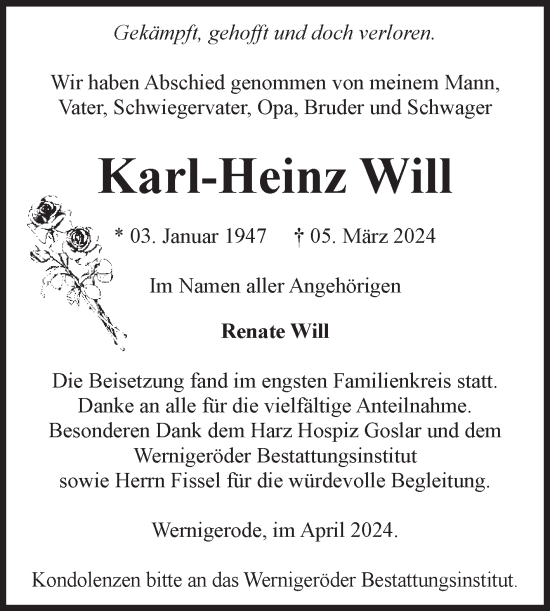 Traueranzeige von Karl-Heinz Will von Volksstimme Wernigerode
