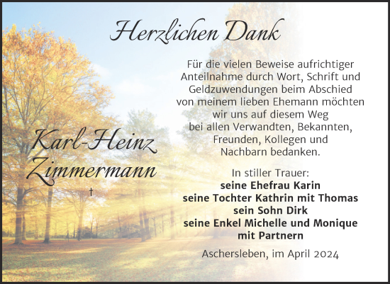 Traueranzeige von Karl-Heinz Zimmermann von Trauerkombi Aschersleben