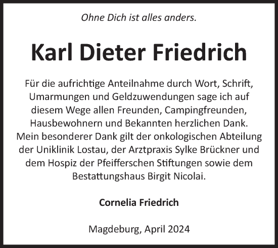 Traueranzeige von Karl Dieter Friedrich von Volksstimme Magdeburg
