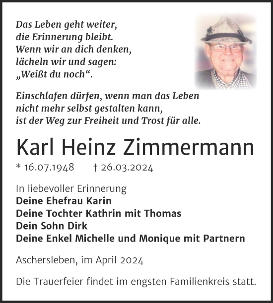 Traueranzeige von Karl Heinz Zimmermann von Trauerkombi Aschersleben