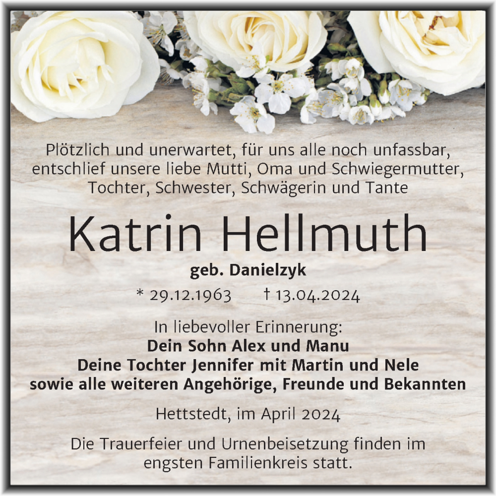  Traueranzeige für Katrin Hellmuth vom 20.04.2024 aus Trauerkombi Mansfelder Land