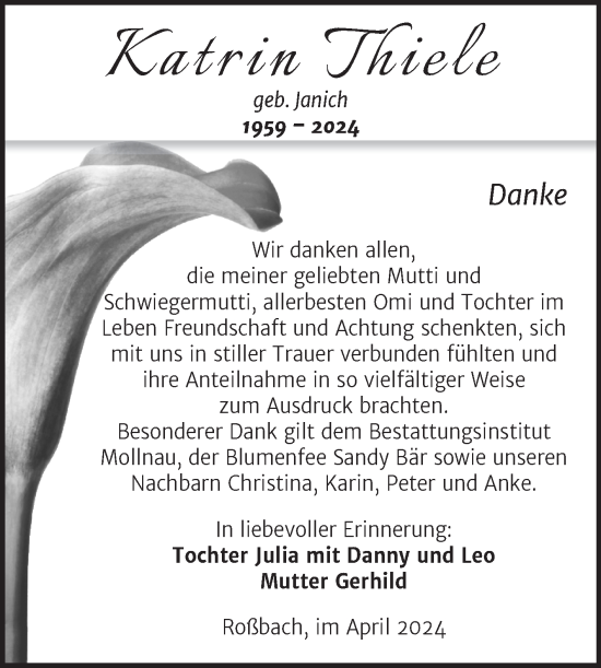 Traueranzeige von Katrin Thiele von Trauerkombi Merseburg