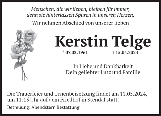 Traueranzeige von Kerstin Telge von Volksstimme Altmark Ost